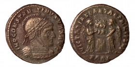 Constantine I, 307/310-337. Follis (Bronze, 3.03 g, 18 mm), Arelate (Arles), struck 319. IMP CONSTANTINVS MAX AVG, helmeted, laureate and cuirassed bu...
