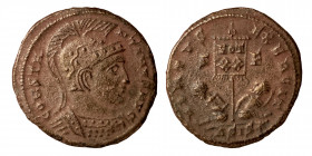 Constantine I, 307/310-337. Follis (bronze, 2.91 g, 20 mm), Siscia. CONSTANTINVS AVG, helmeted and cuirassed bust right. Rev. VIRTVS EXERCIT / S - F /...