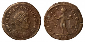 Constantine I, 307/310-337. Follis (bronze, 3.23 g, 20 mm), Treveri. IMP CONSTANTINVS AVG. Laureate and cuirassed bust right. Rev. SOLI INVICTO COMITI...
