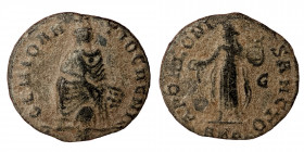 Time of Maximinus II Daia, 310-313. Nummus (bronze, 1.41 g, 15 mm), Antioch,. 'Persecution Issue'. GENIO ANTIOCHENI, Tyche seated facing, river-god Or...