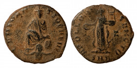 Time of Maximinus II Daia, 310-313. Nummus (bronze, 1.84 g, 15 mm), Antioch,. 'Persecution Issue'. GENIO ANTIOCHENI, Tyche seated facing, river-god Or...
