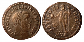 Licinius I., 308-324. Follis (bronze, 22 g, 4.14 mm). Heraclea, struck 312. IMP C VAL LIC LICINIVS P F AVG, laureate head right. Rev. IOVI CONSERVATOR...
