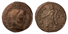 Licinius I, 308-324. Follis (bronze, 5.06 22 mm). Nicomedia. IMP C VAL LICIN LICINIVS PF AVG Laureate head right. Rev. GENIO AVGVSTI Genius standing l...