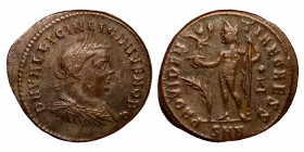 Licinius II, Caesar, 317 – 324. Follis (bronze, 3.32 g, 19 mm), Nicomedia 317-320. DN VAL LICIN LICINIVS NOB C Laureate, draped and cuirassed bust r. ...