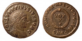 Constantine II, Caesar, 316-337. Follis (bronze, 3.29 g, 18 mm), Heraclea, struck 324. Laureate, draped and cuirassed bust right. Rev. DOMINOR • NOSTR...