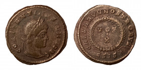 Constantine II, Caesar, 316-337. Follis (bronze, 3.07 g, 19 mm), Siscia. CONSTANTINVS IVN NOB C, laureate bust right. Rev. CAESARVM NOSTRORVM: VOT/X w...