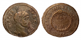 Crispus, Caesar, 316-326. Follis (bronze, 3.17 g, 19 mm), Arelate. CRISPVS - NOB CAES. Laureate head right. Rev. CAESARVM NOSTRORVM / T(crescent)A. VO...