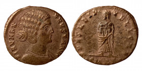 Fausta. Augusta, 324-326. Follis (bronze, 2.39g, 19.50 mm). Antioch, struck AD 326-327. FLAV MAX FAVSTA AVG , bust of Fausta, waved hair, mantled, rig...