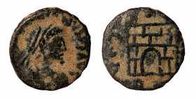 Valentinian II. 375-392. Nummus (bronze, 1.11 g, 12 mm). Thessalonica. Struck 383/88. D N VALENTINIANVS P F AVG, pearl-diademed, draped and cuirassed ...