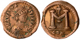 Anastasius I, 491-518. Follis (Bronze, 8.95 g, 24 mm), Constantinople, struck 498-507. D N ANAST-SIVS PP AVG Diademed and draped bust of Anastasius to...
