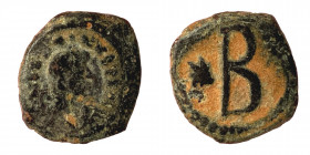 Justin I, 518-527. 2 Nummi. (Bronze, 0.98 g, 11 mm), Thessalonica. D N IVSTINVS P P A. Diademed, draped and cuirassed bust right. Rev. Large B; star t...