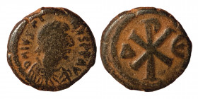 Justin I, 518-527. Pentanummium (Bronze, 1.85 g, 13 mm), Constantinople. D N IVSTINVS P P AV Pearl diademed, draped, cuirassed bust right. Rev. Large ...