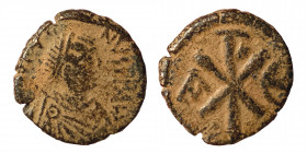 Justin I, 518-527. Pentanummium (Bronze, 1.46 g, 14 mm), Constantinople. D N IVSTINVS P P AV Pearl diademed, draped, cuirassed bust right. Rev. Large ...