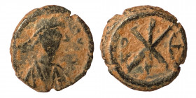 Justin I, 518-527. Pentanummium (Bronze, 2.02 g, 13 mm), Constantinople. D N IVSTINVS P P AV Pearl diademed, draped, cuirassed bust right. Rev. Large ...