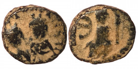 Justin I & Justinian I, 527. Pentanummium (Bronze, 1.76 g, 11 mm), Antioch on the Orontes. [+D N IVSTINVS ЄT IVSTINIANVS P P A] Diademed, draped, and ...