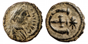 Justinian I, 527-565. Pentanummium (Bronze, 1.56 g, 15 mm), Theoupolis (Antioch), 551-560. D N IVSTINIANVS P P AVG Diademed, draped, and cuirassed bus...