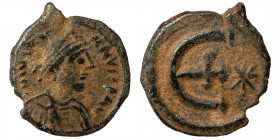 Justinian I, 527-565. Pentanummium (Bronze, 1.85 g, 16 mm), Theoupolis (Antioch), 551-560. D N IVSTINIANVS P P AVG Diademed, draped, and cuirassed bus...