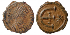 Justinian I, 527-565. Pentanummium (Bronze, 1.62 g, 15 mm), Theoupolis (Antioch), 551-560. D N IVSTINIANVS P P AVG Diademed, draped, and cuirassed bus...