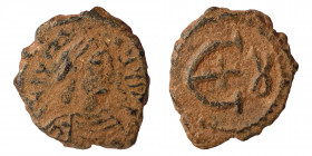 Justinian I, 527-565. Pentanummium (Bronze, 2.33 g, 16 mm), Theoupolis (Antioch), circa 546-551. D N IVSTINIANVS P P A Diademed, draped and cuirassed ...