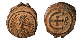 Justinian I, 527-565. Pentanummium (Bronze, 1.90 g, 18.50 mm), Theoupolis (Antiochia), struck 529-539. D N IVSTINIANVS P P AVG Diademed, draped, and c...