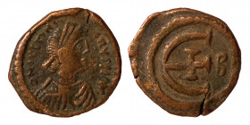 Justinian I, 527-565. Pentanummium (Bronze, 1.93 g, 16 mm), Theoupolis (Antiochia), struck 529-539. D N IVSTINIANVS P P AVG Diademed, draped, and cuir...