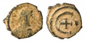 Justinian I, 527-565. Pentanummium (Bronze, 1.96 g, 15 mm), Theoupolis (Antioch), 551-560. D N IVSTINIANVS P P AVG Diademed, draped, and cuirassed bus...