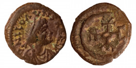 Justinian I, 527-565. Pentanummium (Bronze, 1.43 g, 14 mm), Theoupolis (Antioch), struck 560-565. Blundered legend; Diademed, draped and cuirassed bus...