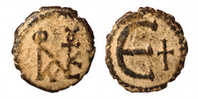 Justin II, 565-578. Pentanummium (Bronze, 1.59 g, 14 mm), Theoupolis (Antioch). Monogram of Justin II. Rev. Large Є; in field to right, cross. DOC 186...