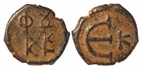 Justin II, 565-578. Pentanummium (Bronze, 1.28 g, 14 mm), Cyzicus. Monogram of Justin II. Rev. Large Є; in field to right, K. DOC 137. MIB 53. SB 375....