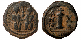 Justin II, with Sophia. 565-578. Decanummium (bronze, 3.47 g, 14 mm). Theoupolis (Antioch). Dated RY 10 (574/5). Justin and Sophia enthroned facing, h...