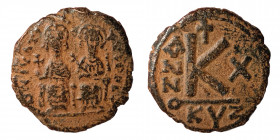 Justin II, with Sophia, 565-578. Half Follis (Bronze, 4.93 g, 20 mm) Cyzicus, dated RY 10 (574/5). D N IVSTINVS P P AVG Justin II, holding globus cruc...