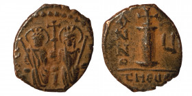 Justin II, with Sophia. 565-578. Decanummium (Bronze, 3.01 g, 17 mm), Theoupolis (Antioch), dated RY6 (570/571) or (uninscribed RY5 with Ч instead of ...
