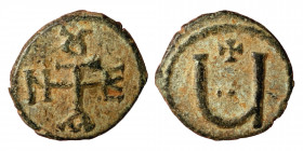 Tiberius II Constantine, 578-582. Pentanummium (Bronze, 1.55 g, 13 mm), Theoupolis (Antioch). Monogram of Tiberius II Constantine. Rev. Large Ч; above...