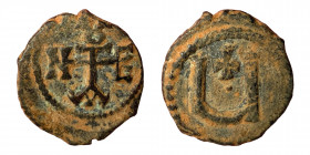 Tiberius II Constantine, 578-582. Pentanummium (Bronze, 1.77 g, 15 mm), Theoupolis (Antioch). Monogram of Tiberius II Constantine. Rev. Large Ч; above...