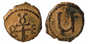 Tiberius III, 578-582. Pentanummium (Bronze, 1.23 g, 14 mm), uncertain mint, possibly Antioch. Monogram of 'Tiberius'. Rev. Large Ч with cross above. ...