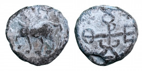 Byzantine lead seal. Theodoros? Circa 7-8th centuries (lead, 11.55 g, 19 mm) Uncertain animal advancing left. Rev. Cruciform monogram. Nearly very fin...