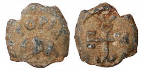Byzantine lead seal. Uncertain. 6-11th centuries (lead, 6.25 g, 19 mm). ΓOPIA, bull advancing left. Rev. Good fine.