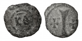 Byzantine Empire lead Token. Uncertain mint, 6th-7th centuries, Time of Maurice Tiberius (lead, 1.66 g, 14 mm ) KΘ, around legend ΔΙΟCEΩC (?). Rev. Tw...