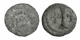 Byzantine Empire lead Token. Uncertain mint, 6th-7th centuries, Time of Maurice Tiberius (lead, 2.62, 15 mm) KΘ, around legend ΔΙΟCEΩC (?). Rev. Two c...