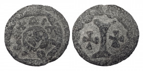 Byzantine Empire lead Token. Uncertain mint, 6th-7th centuries, Time of Maurice Tiberius (lead, 3.41 g, 19 mm) Uncertain figure facing, legend around....