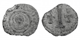 Byzantine Empire lead Token. Uncertain mint, 6th-7th centuries, Time of Maurice Tiberius (lead, 4.77 g, 19 mm) Uncertain figure facing, legend around....