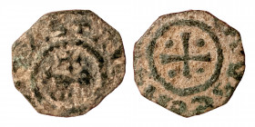 CRUSADERS. Raymond II. County of Tripoli., 1137-1152. Æ (Bronze, 0.99 g, 14 mm), 'Horse and Cross’ type. +RAMVNDVS COMS Small cross with four pellets ...