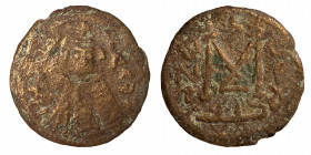 Arab-Byzantine. Tartus (Antaradus). Circa 670s-early 680s. Fals (bronze, 3.55 g, 21 mm). Facing imperial bust, bi-tardus to left, KAΛωN to right. Rev....