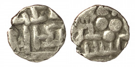 Amirs of Multan, Munabbih, 9th century, AR damma (silver, 0.55 g, 9 mm). 3-line Nagari text. Rev. Triplet of pellets, Nagari text in upper area, Arabi...