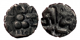Amirs of Multan, Munabbih, 9th century, AR damma (silver, 0.52 g, 9 mm). 3-line Nagari text. Rev. Triplet of pellets, Nagari text in upper area, Arabi...