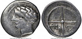 GAUL. Massalia. Ca. 1st century BC. AR obol (10mm, 0.44 gm, 12h). NGC Fine 5/5 - 4/5. Ca. 100-50 BC. Bare head of Apollo left; dotted border / MA, leg...