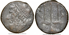 SICILY. Syracuse. Hieron II (ca. 275-215 BC). AE litra (19mm, 10h). NGC Choice VF. Head of Poseidon left, wearing taenia / ΙΕΡΩ-ΝΟΣ, trident head, dol...