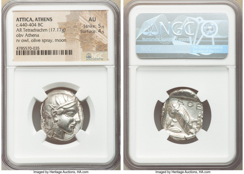ATTICA. Athens. Ca. 440-404 BC. AR tetradrachm (26mm, 17.17 gm, 10h) NGC AU 5/5 ...