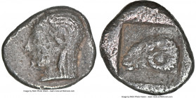 TROAS. Cebren. Ca. 5th century BC. AR diobol (10mm, 1.26 gm, 10h). NGC XF 5/5 - 2/5. Archaic diademed female head left / Ram head left; within incuse ...
