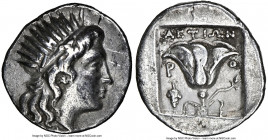 CARIAN ISLANDS. Rhodes. Ca. 188-170 BC. AR drachm (16mm, 11h). NGC Choice VF. Plinthophoric standard, Aetion, magistrate. Radiate head of Helios right...